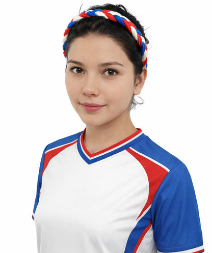 HPO Women's Multinational Braided Hairband | Textured red, white, and blue synthetic fibers woven into a twisted headband with elastic backing | Ideal for party, Halloween, cosplay, theater, drag, performance, costume events