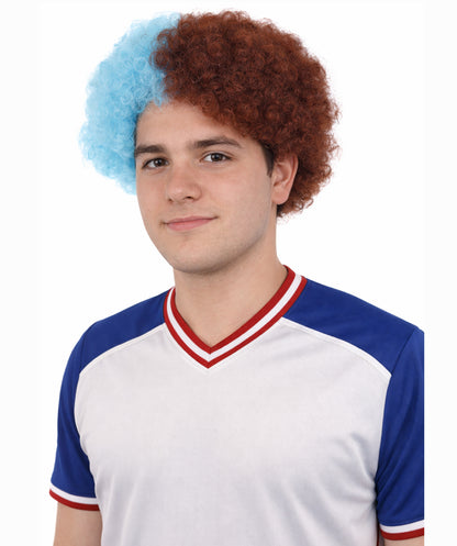 HPO Split Tone Curly Wig | Wine and Sky Blue Kinky Texture Flame-retardant Synthetic Fiber | Halloween Themed Party Sports Rally Fan Prop