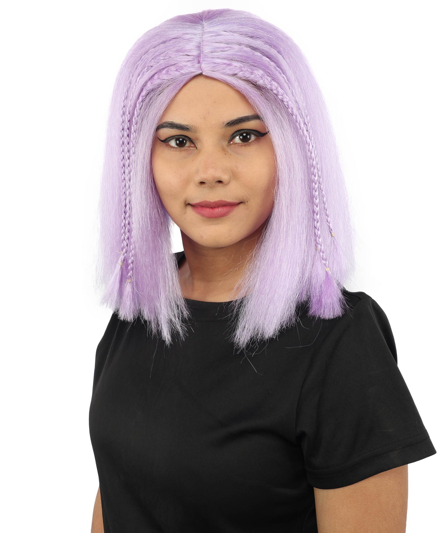 HPO Celebrity-Style 11 Inch Green Rooted Blonde Front Braided Straight Wig | Shoulder-Length Fun, Bold, and Stylish Hairpiece  | Ideal for Halloween, Cosplay, and Themed Parties