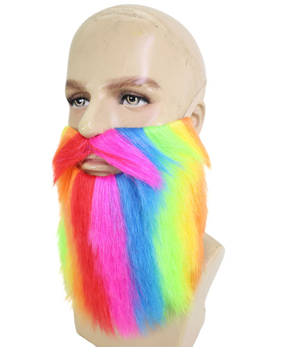 HPO Men’s Bright Rainbow Party Beard & Mustache Set | Rainbow Faux Facial Hair Accessory | Event Outfit Use for Cosplay, Parties & Performance Appearances