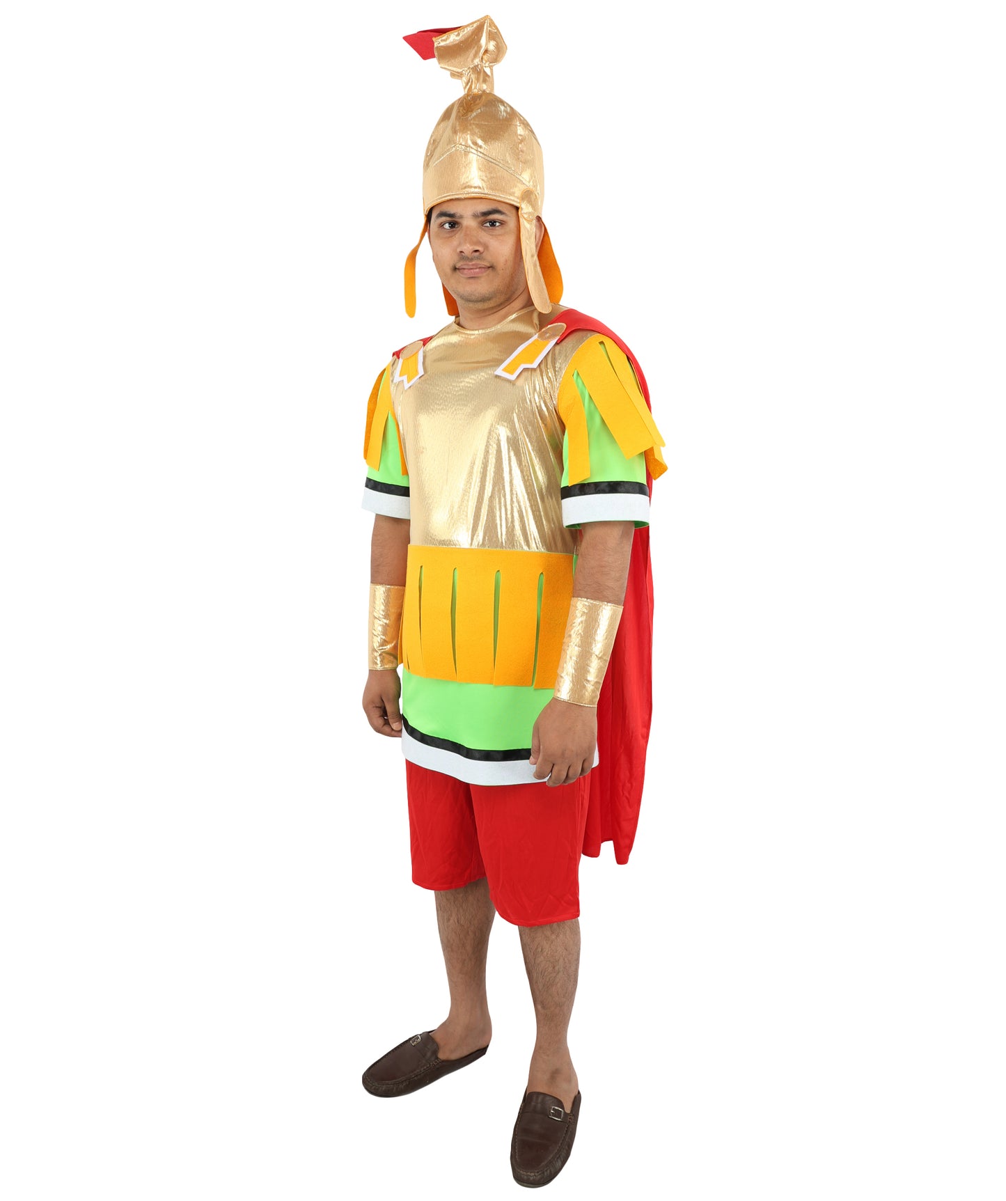 HPO Men's Roman Gladiator Multicolor Costume | Imperial Soldier Metallic Gold Breastplate Cape Tunic Pleated Pteruges Skirt | Halloween Cosplay Theater Drag Performance Costume Events