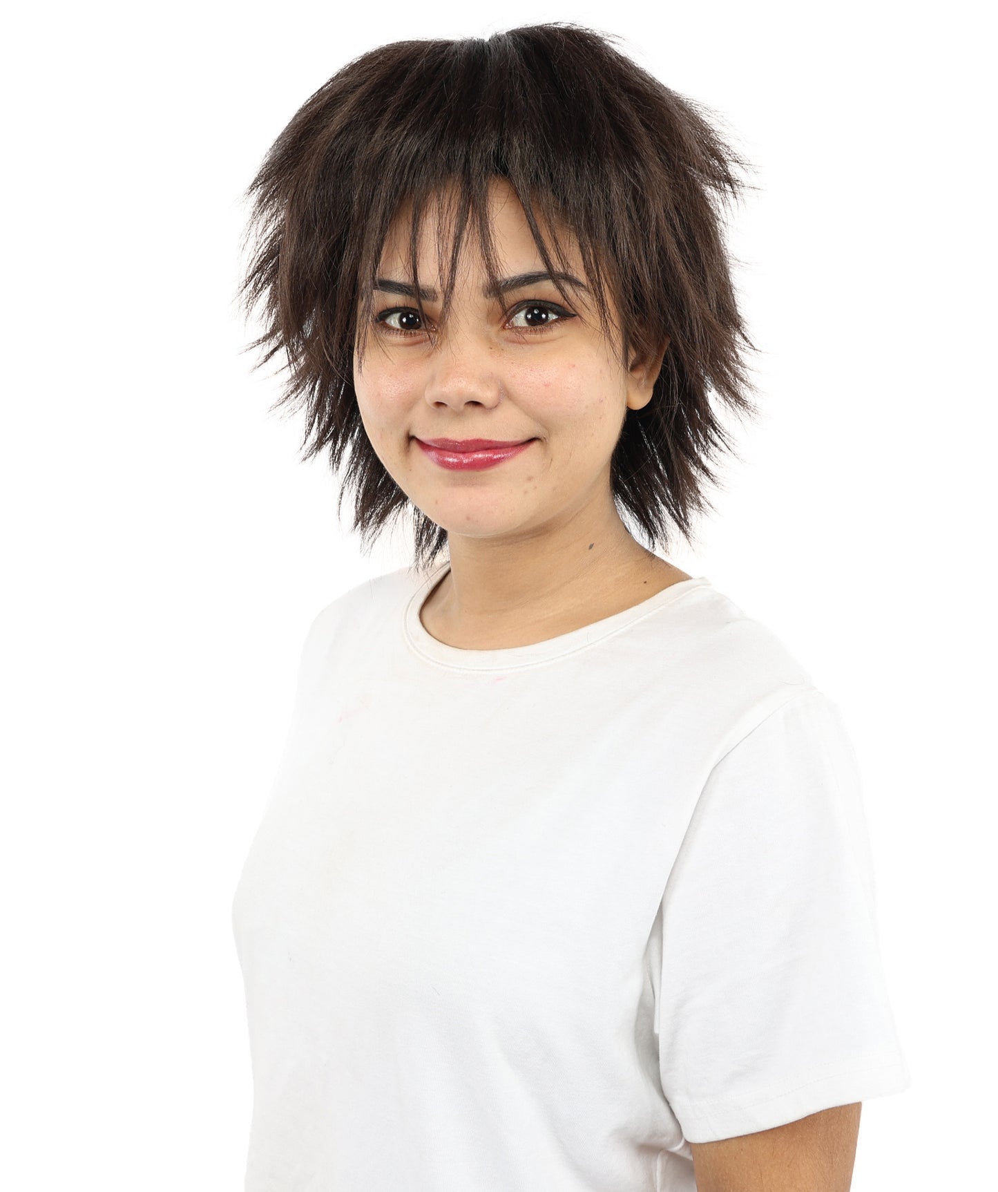 HPO Women's Spiky Layered Short Anime Wig – 12 Inch Natural Dark Brown Messy Wig with Capless Cap Design | Flame-retardant Synthetic Fiber for Costume, Halloween, Parties & Events