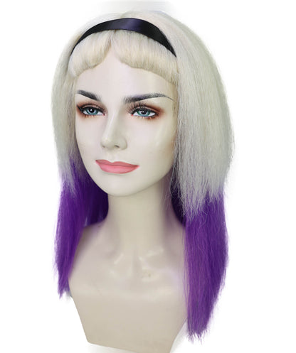 HPO Adult Women’s Long Blonde Gothic Wig with Purple Ombre and Black Headband | Inspired Villainess Hairpiece | Ideal for Halloween | Breathable Capless Cap