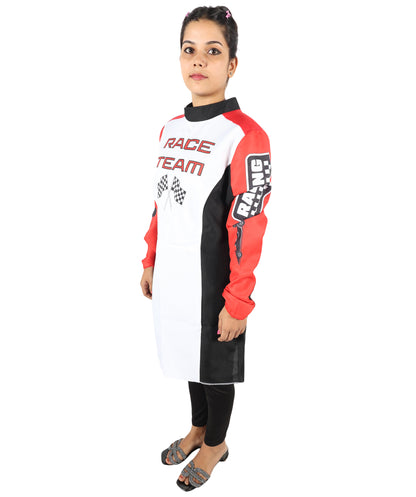 HPO Women’s Racing-Themed Costume | Black, White & Red Jumpsuit with Gloves | RONIOR Fabric 3-in-1 Outfit for Performance & Cosplay