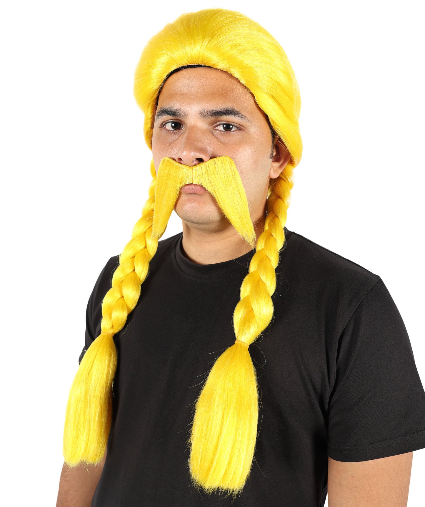 Voluminous Fashion Yellow Braided Pigtails Wig & Mustache | Bold Cartoon-Inspired Hairpiece for Halloween, Cosplay, Parties & Stage