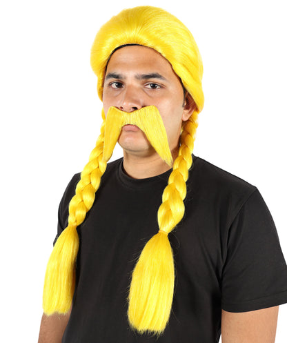 Voluminous Fashion Yellow Braided Pigtails Wig & Mustache | Bold Cartoon-Inspired Hairpiece for Halloween, Cosplay, Parties & Stage