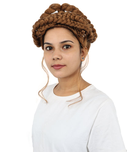 HPO Women's Victorian-Inspired Curly Brown Wig | Long Voluminous Curls with Soft Bangs | Cosplay, Halloween, Parties, Stage & Roleplay