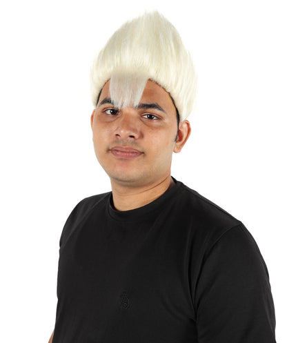 HPO Men's White Spiky Punk Wig | Medium Platinum Synthetic Hair with Adjustable Cap for Cosplay, Halloween, Stage Performances & Roleplay