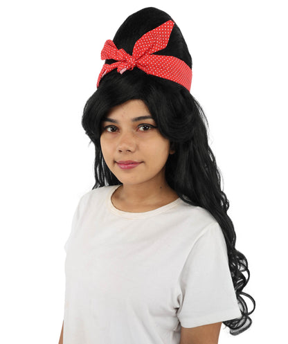 HPO Women’s Retro Beehive Wig with Red Bow | Multicolor Options | Extra Long Wavy Fancy Dress Accessory | Fancy Dress Accessory | Celebrity-Inspired Hair for Halloween, Cosplay & Music Tribute Parties