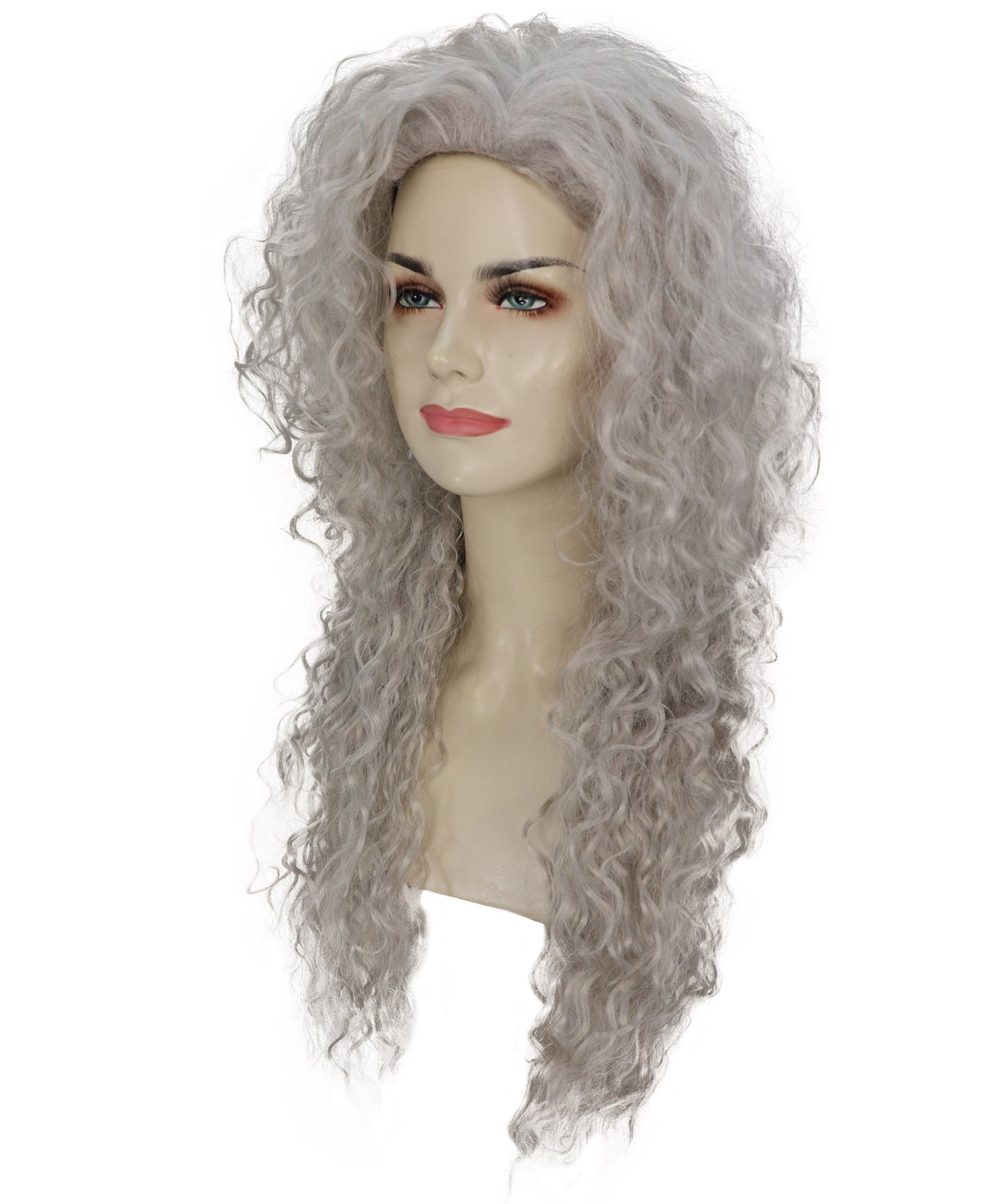 HPO Women’s 27 Inch Long Curly Silver Grey Mermaid Wig | Fantasy Wig for Halloween Parties Breathable Cap