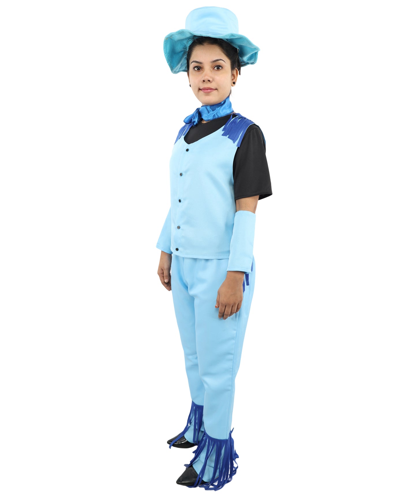 HPO Women's Western Cowgirl Costume – Blue & Black Rodeo Outfit with Hat, Vest, and Fringe Pants – Fashion wear for Party & Cosplay