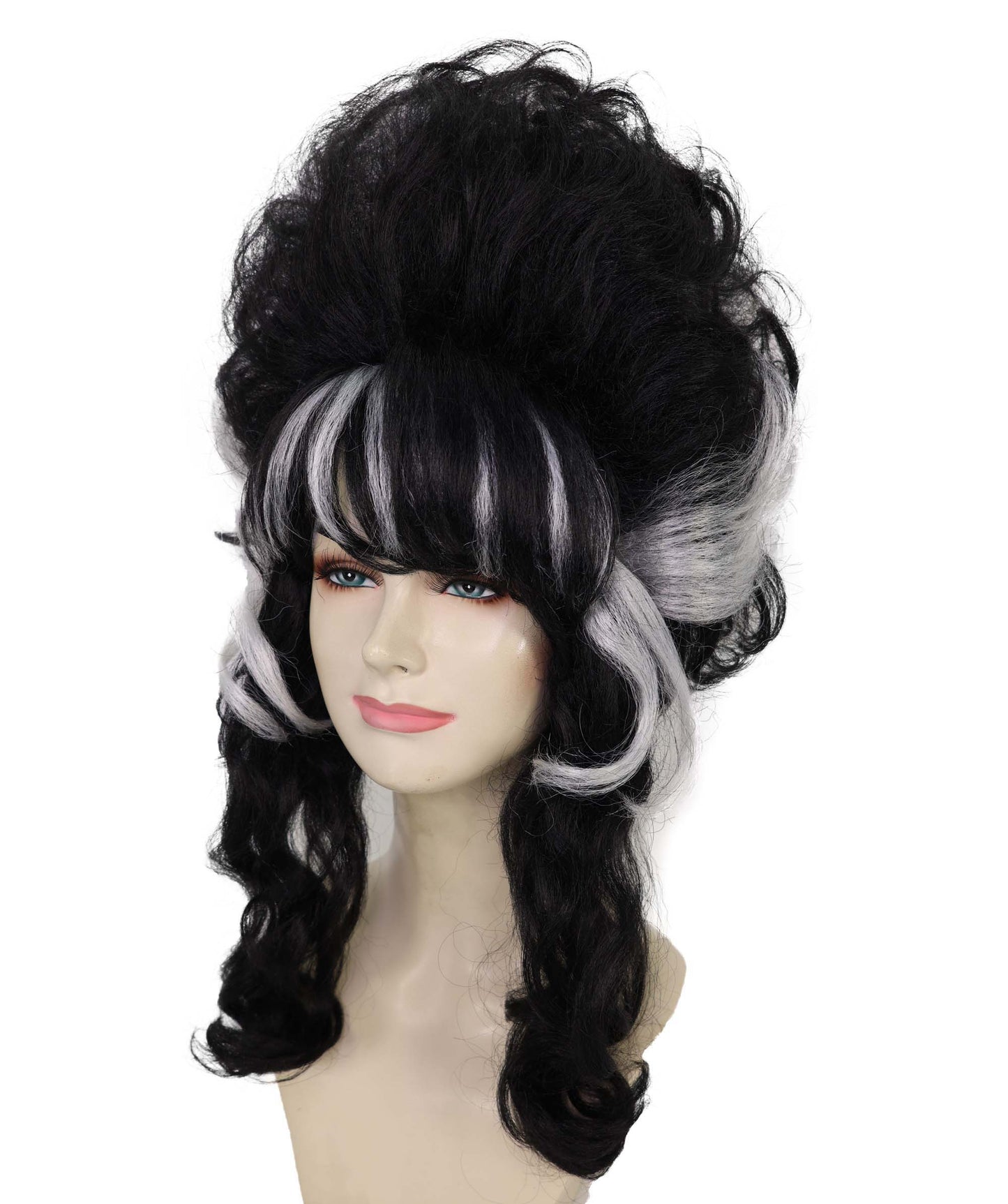HPO Adult Frankenstein Beehive Wig for Women | Halloween Updo Wig with White Streaks | Black Synthetic Hair | Flame-Retardant | Capless Cap | Horror Bride Costume Wig