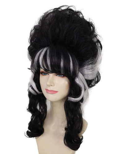 HPO Adult Frankenstein Beehive Wig for Women | Halloween Updo Wig with White Streaks | Black Synthetic Hair | Flame-Retardant | Capless Cap | Horror Bride Costume Wig