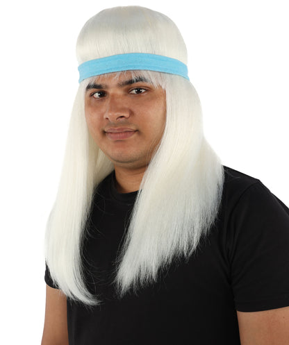 HPO Men's Long Auburn Wig with Headband | Straight Reddish Texture with Blunt Bangs & Included Teal Band, Heat Resistant Fiber | Halloween, Troll Roleplay, Fantasy Party, Carnival & Theater