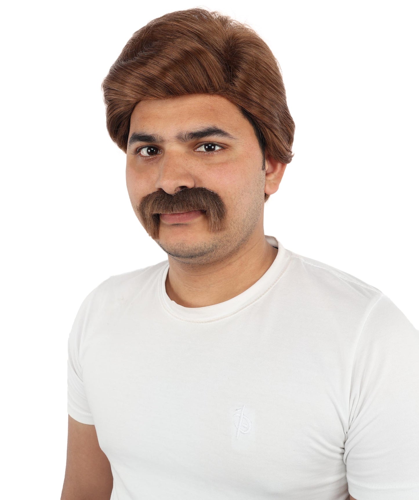 HPO Men’s Chestnut Brown Blend Wig with Mustache Set | Retro Gentleman Hair Style | Cosplay Outfit for Costume Parties, Stage Performances & Themed Events