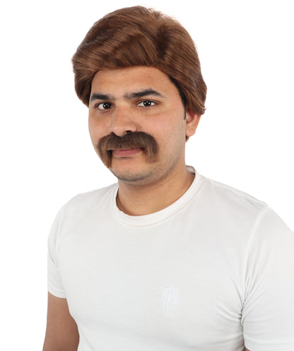 HPO Men’s Chestnut Brown Blend Wig with Mustache Set | Retro Gentleman Hair Style | Cosplay Outfit for Costume Parties, Stage Performances & Themed Events