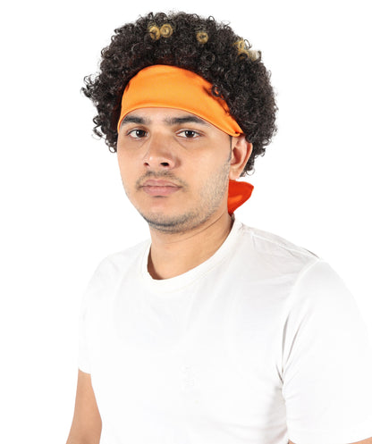 HPO Men's Brown & Golden Curly Afro Wig | 11” Synthetic Hair with Headband | Flame-Resistant Capless Cap Wig