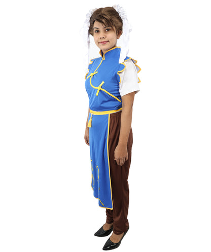HPO Women’s Fighter Cosplay Blue and Brown Costume | Video Game Inspired Sleeveless Outfit with Top and Pant Structured Silhouette | Battle Outfit for Conventions, Parties & Roleplay