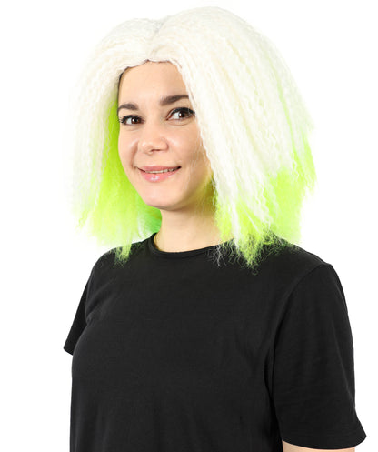 HPO Women’s Gothic Ghost-Inspired White and Neon Green Crimped Wig with Volume and Texture | Synthetic Hairpiece for Halloween, Cosplay & Themed Parties |Flame-retardant Synthetic Fiber