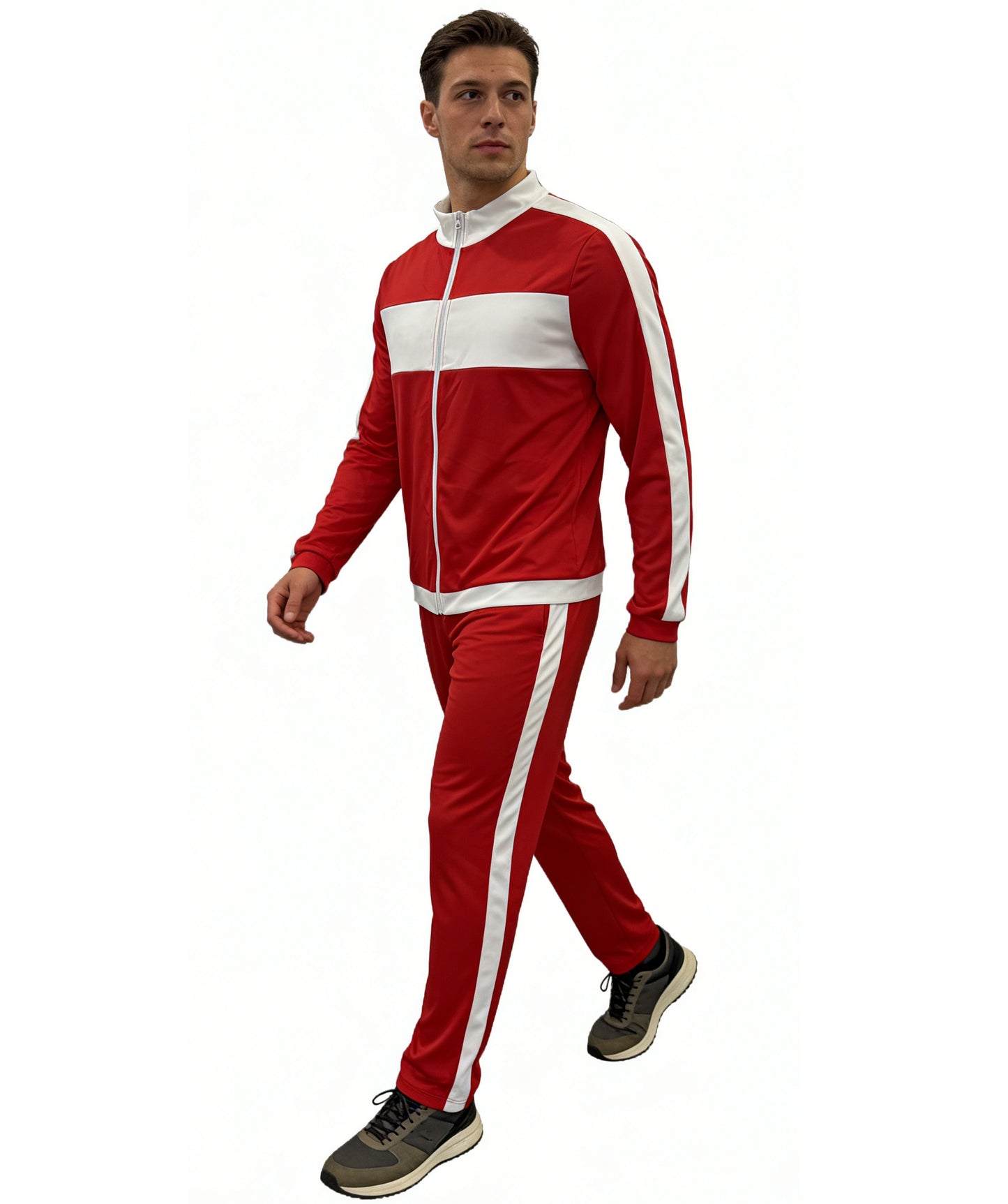 HPO Men's 80s Retro Tracksuit | Vibrant red and white jersey construction featuring a matching zip-up top and track pants | Ideal for party, Halloween, cosplay, theater, drag, performance, costume events