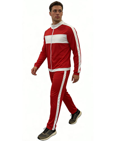 HPO Men's 80s Retro Tracksuit | Vibrant red and white jersey construction featuring a matching zip-up top and track pants | Ideal for party, Halloween, cosplay, theater, drag, performance, costume events
