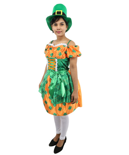 HPO Women Orange & Green Party Dress Costume with Hat | Colorful Event Outfit with Ruffle Skirt | Designed for Cosplay & Parties