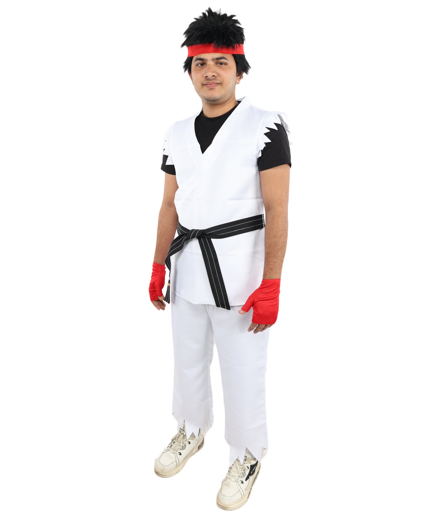 HPO Men's Martial Arts Fighter Outfit | White GI Costume with Body, Pant, Belt, Gloves, Headband | Video Game Fighter costume For Cosplay & Themed Battle Events
