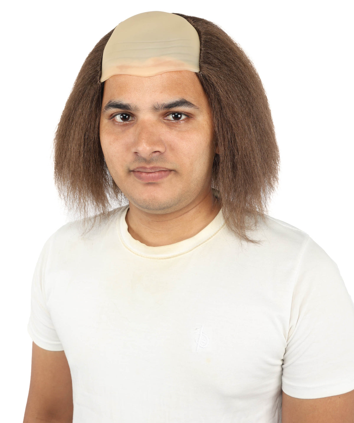 HPO Half Bald Cap Brown Wig with Gray Frizzy Side Hair – Comedic Old Age Costume Wigs - Hairpiece for Cosplay Party