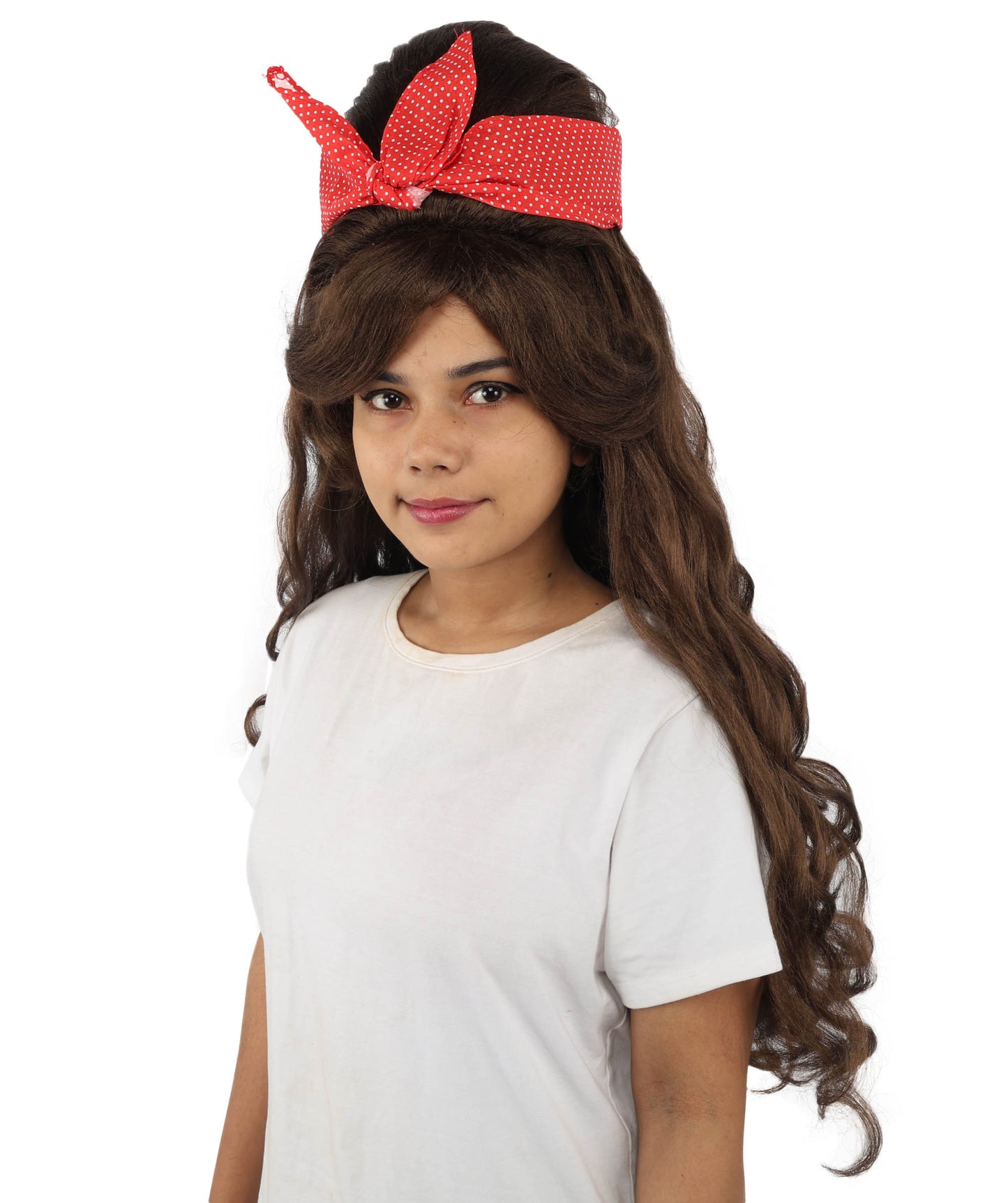 HPO Women’s Retro Beehive Wig with Red Bow | Multicolor Options | Extra Long Wavy Fancy Dress Accessory | Fancy Dress Accessory | Celebrity-Inspired Hair for Halloween, Cosplay & Music Tribute Parties