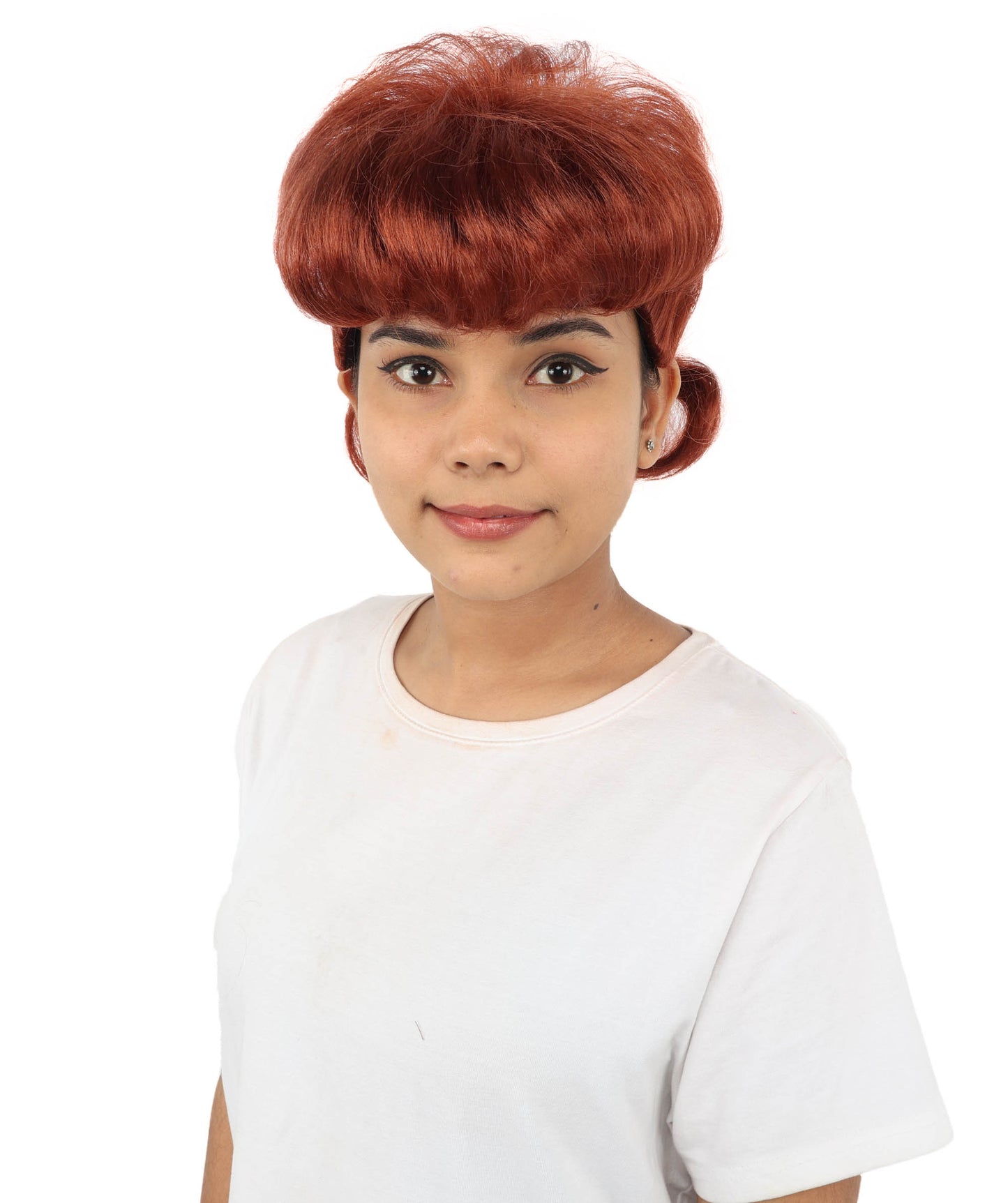 HPO Women's Retro Pin-Up Auburn Wig | Copper red tone, create of synthetic fiber, vintage curled bumper bangs with rolled back, breathable base | Party, Halloween, theater, drag, performance, costume events