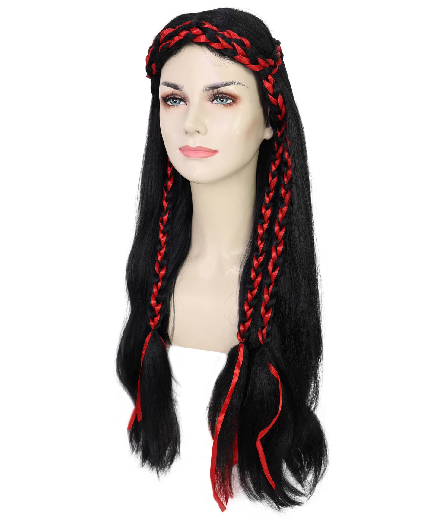 Women’s Long Black Wavy Wig with Red Braided Accents | Ideal for Halloween | Breathable Capless Cap
