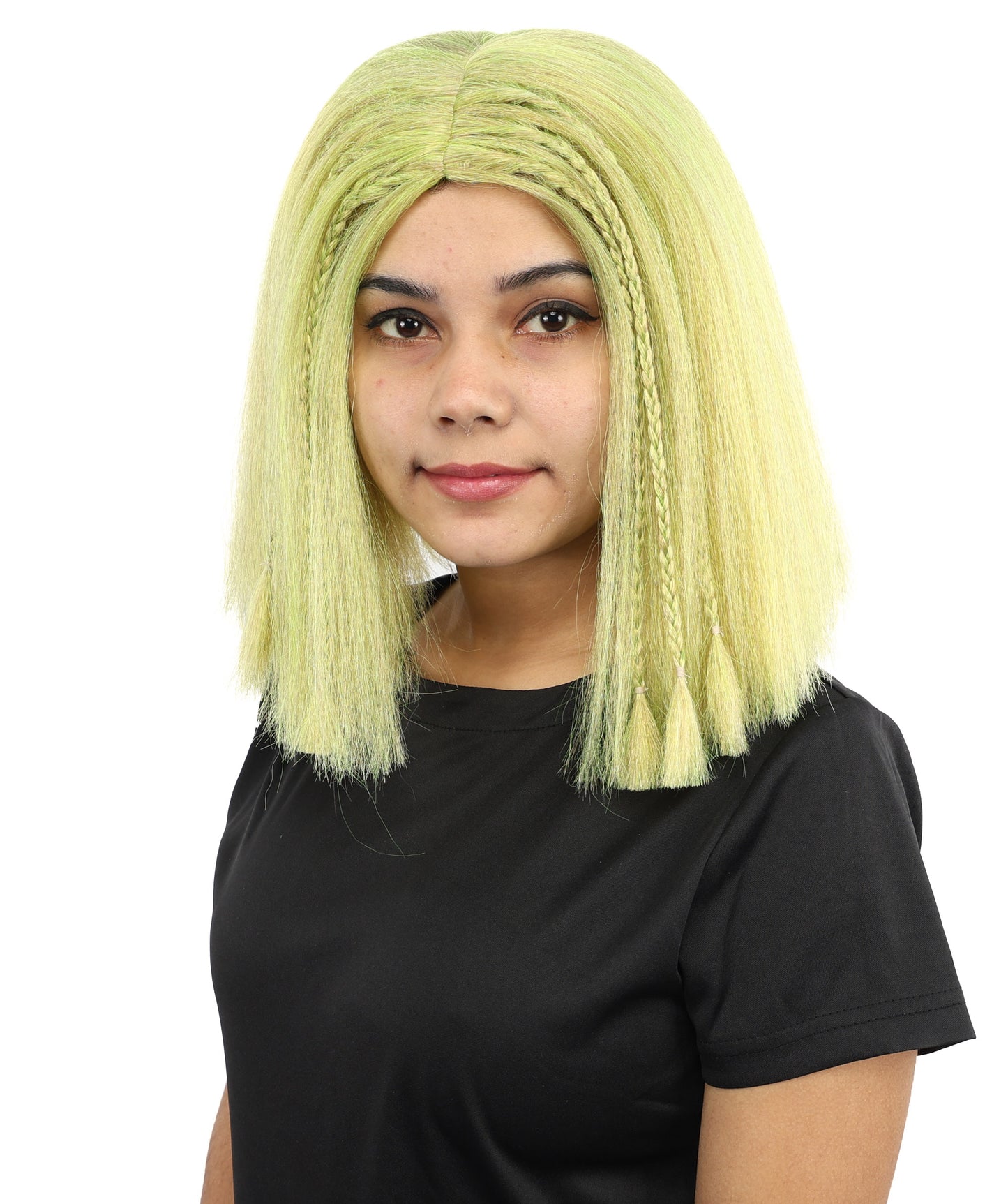 HPO Celebrity-Style 11 Inch Green Rooted Blonde Front Braided Straight Wig | Shoulder-Length Fun, Bold, and Stylish Hairpiece  | Ideal for Halloween, Cosplay, and Themed Parties