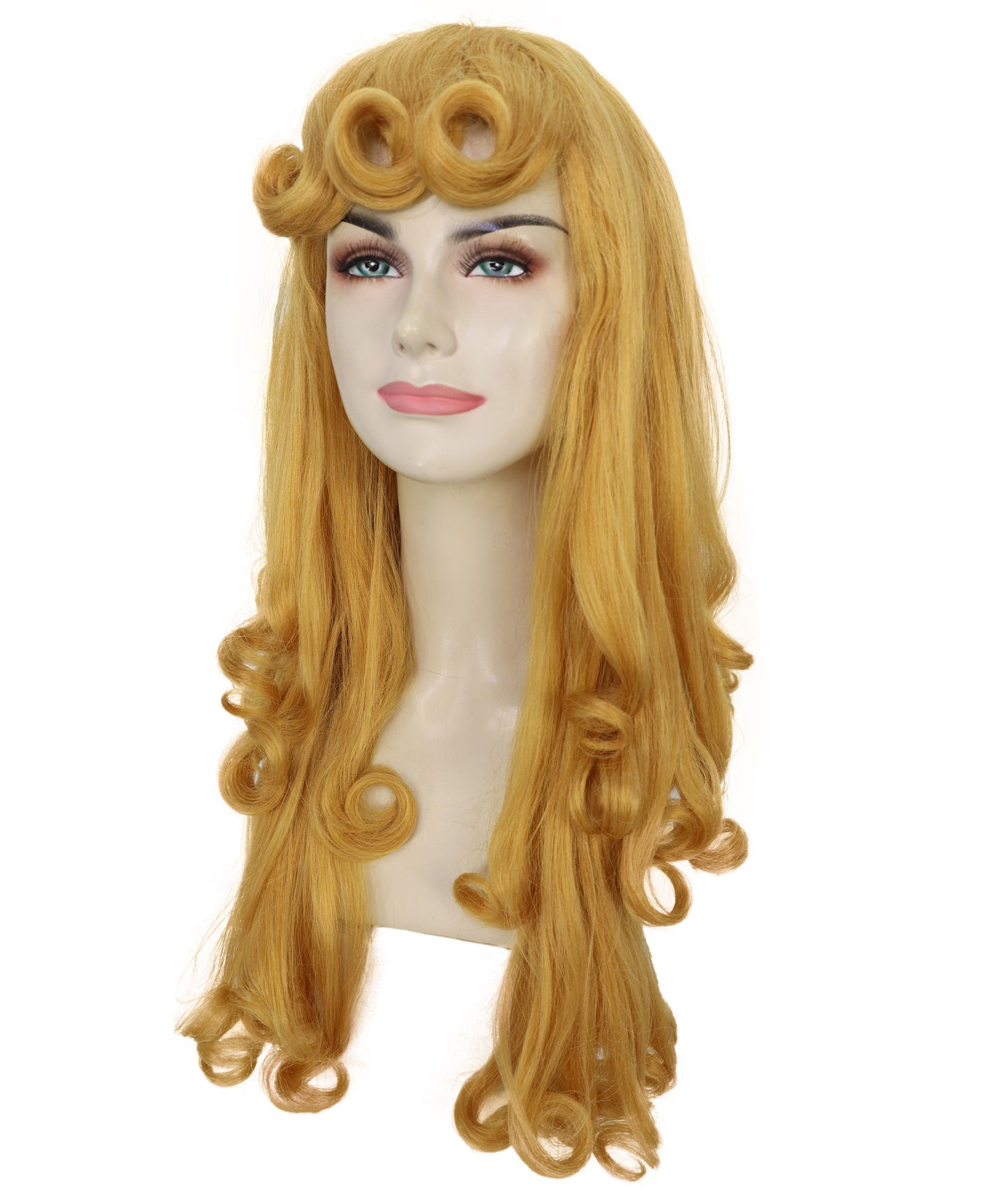 HPO Princess Golden Long Curly Wig | Radiant Fairytale Hairpiece with Voluminous Waves | Adjustable Breathable Cap for Cosplay, Halloween & Stage
