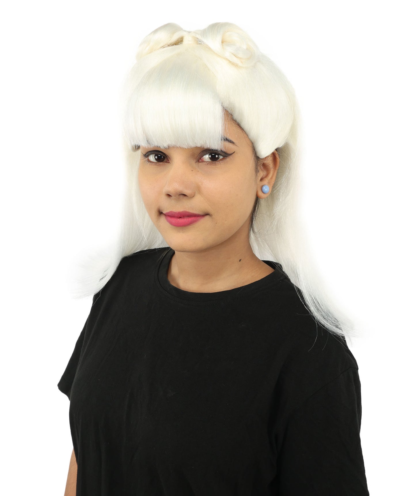 HPO Women's Brown & Pink Half Updo Bangs Wig | Create of synthetic fiber, blunt fringe with top bow, breathable base | Party, Halloween, theater, drag, performance, costume events
