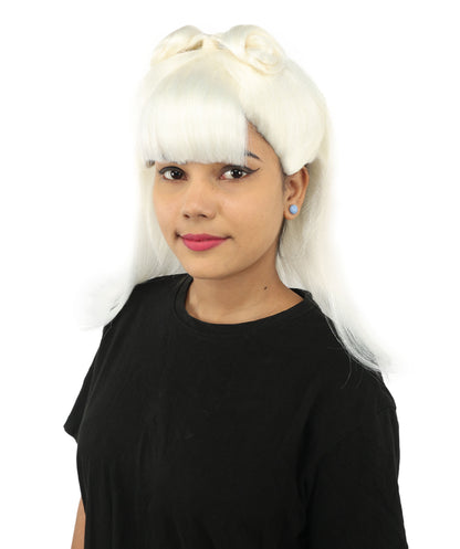 HPO Women's Brown & Pink Half Updo Bangs Wig | Create of synthetic fiber, blunt fringe with top bow, breathable base | Party, Halloween, theater, drag, performance, costume events