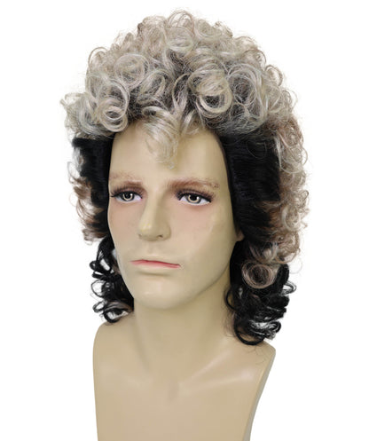 HPO Men’s Rocker 80s Black & Brown Highlighted Mullet Wig | Funny Curly Hairpiece with Capless Cap Design | Ideal for Halloween and cosplay
