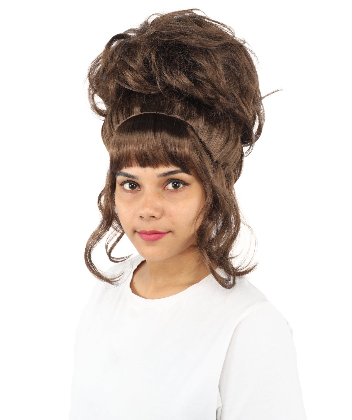 HPO Adult Women's Elegant Updo Tendril Wig | Multiple Color Options | Pastel peach hue, create of synthetic fiber, high teased volume with face-framing strands, breathable capless cap | Party, Halloween, theater, drag, performance, costume events