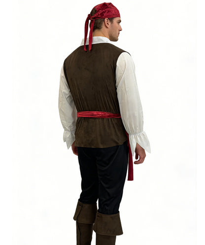 HPO Men's Pirate Deck Mate Costume | Brown and white jersey construction featuring a top, pants, belt, and headband | Ideal for party, Halloween, cosplay, theater, drag, performance, costume events