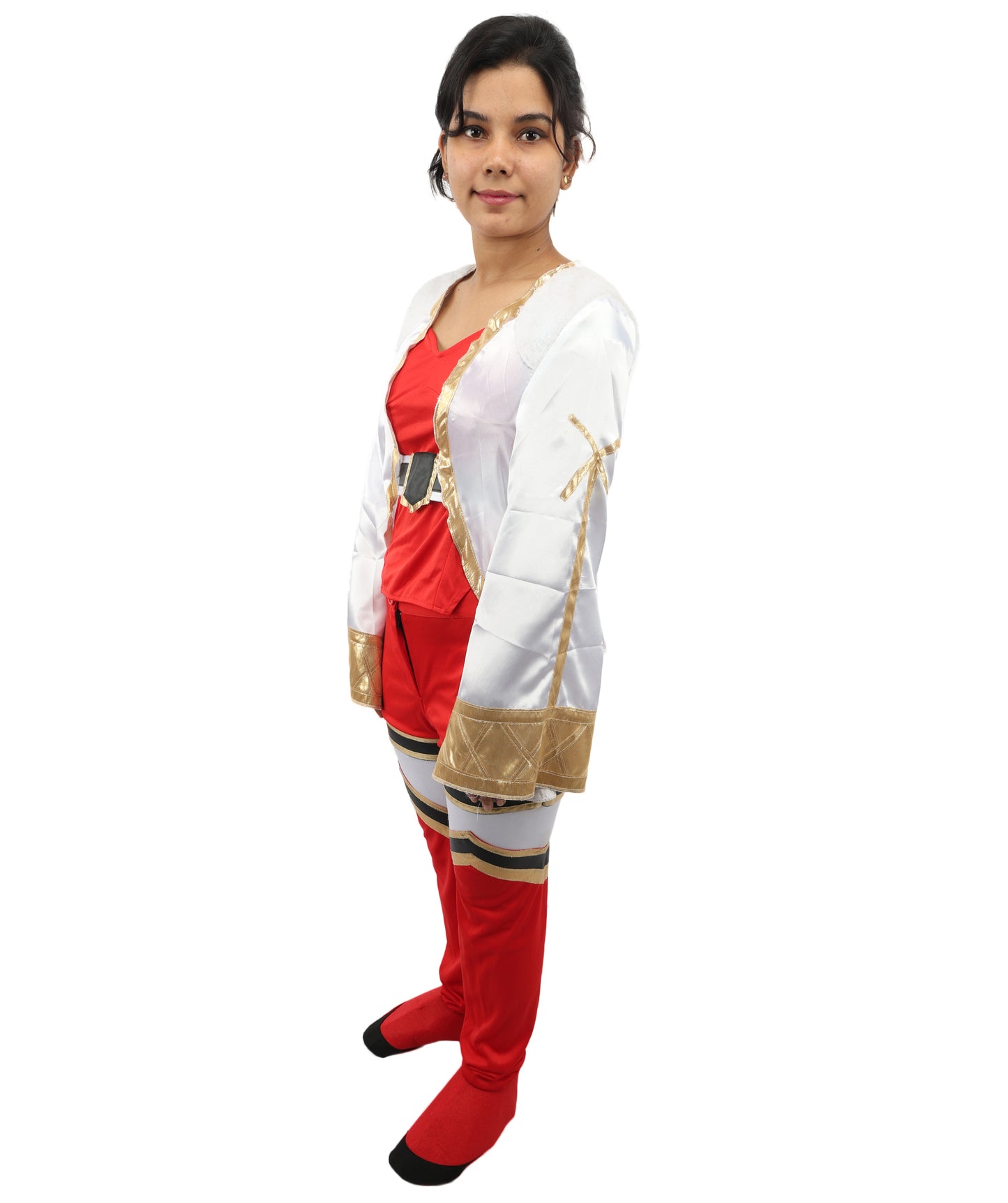 HPO Women's Anime Warrior Fashion Suit | Vibrant red and white jersey satin construction featuring a body, pant, koti, and leg socks | Ideal for party, Halloween, cosplay, theater, drag, performance, costume events