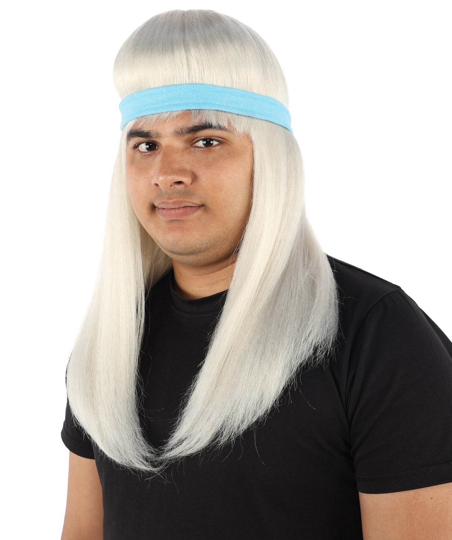 HPO Men's Long Auburn Wig with Headband | Straight Reddish Texture with Blunt Bangs & Included Teal Band, Heat Resistant Fiber | Halloween, Troll Roleplay, Fantasy Party, Carnival & Theater