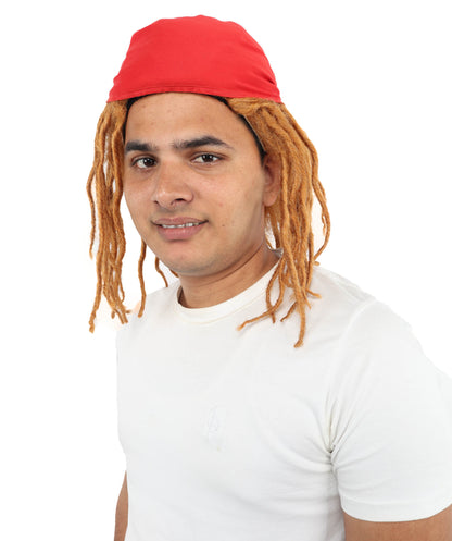 HPO Men's 14 Inch Brown Dreadlock Wig with Red Bandana | Flame-retardant Synthetic Fiber | Lightweight Capless Design for Halloween and Cosplay