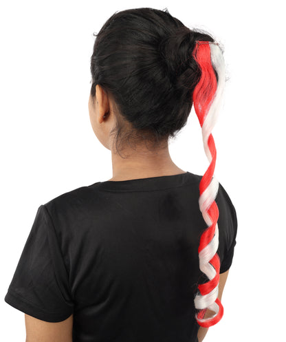 HPO Women's International Curly Hair Extension | Coiled red and white synthetic fibers featuring a twisted attachment design | Ideal for party, Halloween, cosplay, theater, drag, performance, costume events