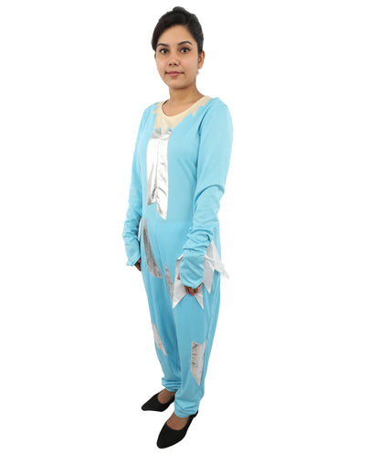 HPO Women's Ice Blue Jumpsuit Costume | Shimmering Synthetic Febric Bodysuit with Metallic Accents and Fringe | Idal for Halloween, Cosplay, Drag, and Themed Events