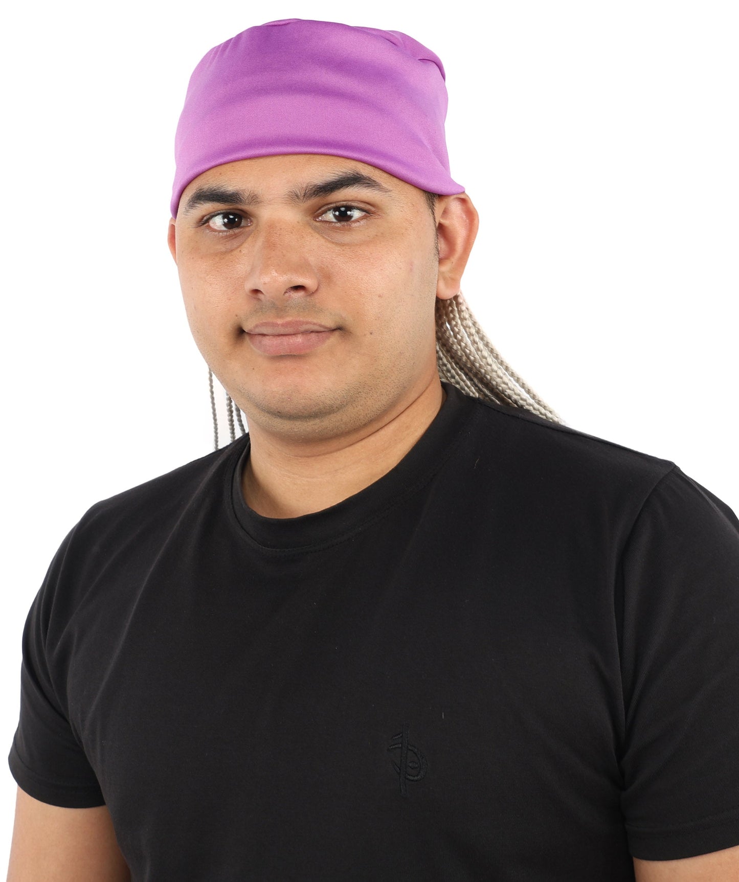 Men’s Movie Character Inspired Black Braided Wig with Purple Head Wrap Hat | Flame-retardant Synthetic Fiber | Ideal Hairpiece for Cosplay & Halloween