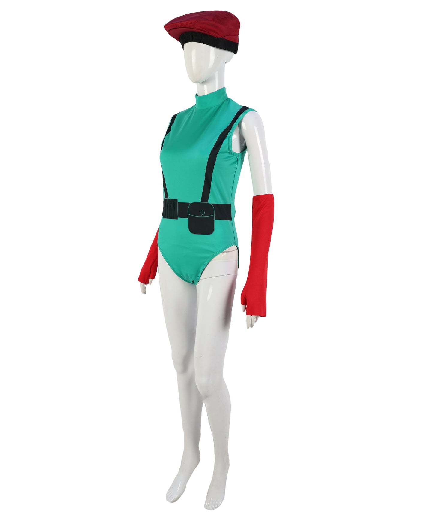 HPO Warrior Green & Red Bodysuit Costume with Helmet & Hand Gloves | Heroine Outfit with Arm Accessories | Designed for Halloween & Party