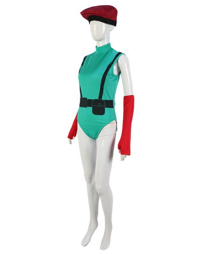 HPO Warrior Green & Red Bodysuit Costume with Helmet & Hand Gloves | Heroine Outfit with Arm Accessories | Designed for Halloween & Party