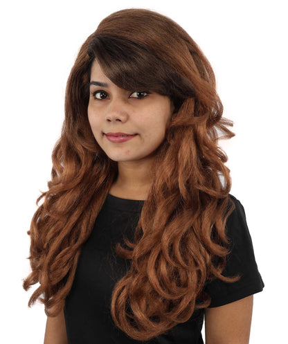 HPO Women’s Long Brown Wavy Wig | Capless Cap 23 Inch Synthetic Hair | Pop Singer Inspired Glamorous Cosplay, Party & Fashion Wig