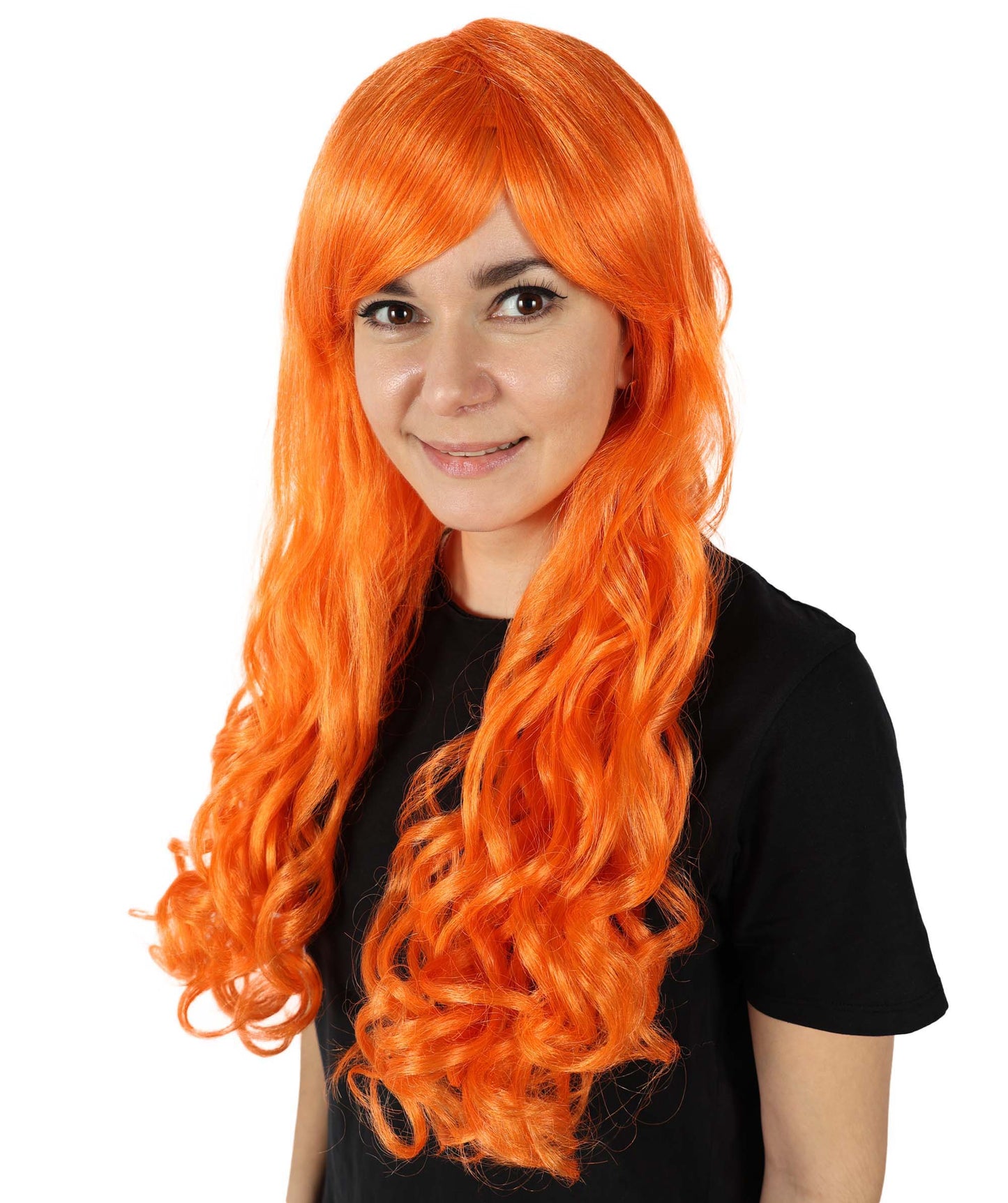 HPO Women's Multicolor Long Curly Wig with Fringe, Flame-retardant Synthetic Fiber