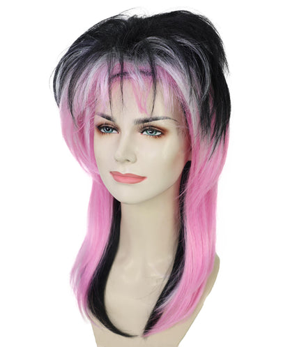 HPO Adult Women’s  80’s Rock Star Wig | Black & Pink Layered Hair for Halloween & Themed Parties| Breathable Capless Cap