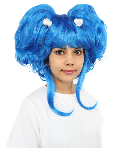 HPO Women’s Blue Heart-Shaped Fantasy Wig with Flower Clips | Voluminous Straight Synthetic Hair | Ideal for Halloween, Cosplay, and Themed Parties